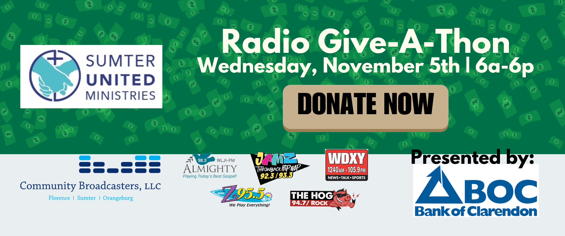 Radio Give-A-Thon, Wednesday November 5th, 6a-6p, presented by Bank of Clarendon